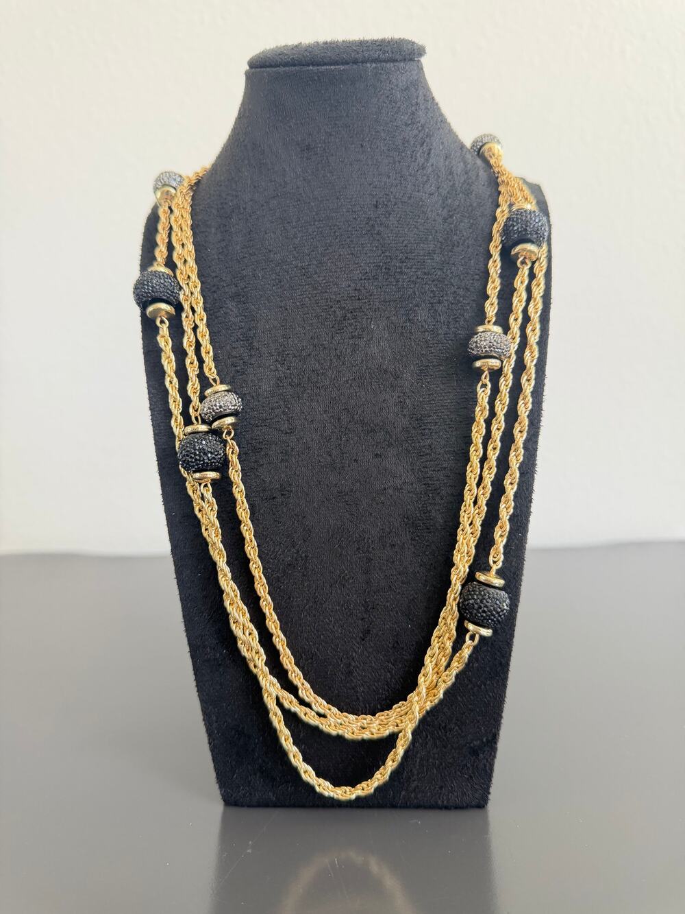 Vintage gold-tone rope chain necklace black & gray pavé statement beads 3 strand